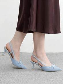 CUCCOO BIZCHIC 女款尖頭亞麻通勤日常百搭蝴蝶結裝飾小貓跟露跟高跟鞋 - 淺藍色 - 查看 6
