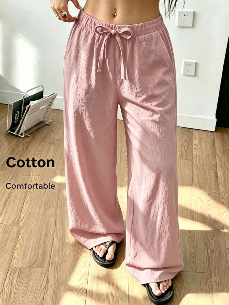 SHEIN 青少年女孩春/夏海灘度假休閒日常居家穿搭 百搭 100%純棉 純棉梭織舒適素色寬鬆長褲附口袋 - 粉色 - 查看 1