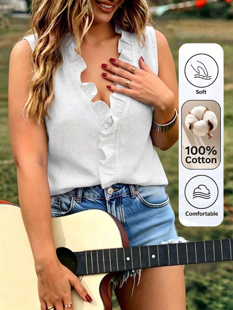 SHEIN Women's Summer White Casual Boho Elegant Brunch Vacation V-Neck Ruffle Collar Sleeveless Shirt, Soft Breathable Loose Design Vacation Fashion Top - White - View 1