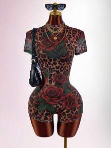 Amplova Leopard Print Bow Tie Strap Fitted Short Sleeve Ruched Floral Semi-Sheer Sexy Women's Mini Bodycon Jumpsuit - Multicolor - View 9
