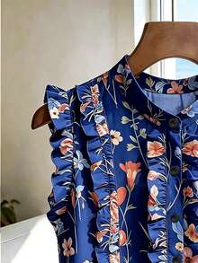SHEIN Franclia 法式復古花卉印花單排扣荷葉邊飾襯衫，適合戶外活動與生日慶祝 - 寶藍色 - 查看 4