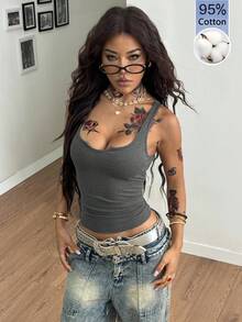 Coolane 女款夏季休閒百搭純色背心 - 深灰色 - 查看 6