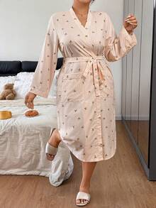 Napfluff CURVE Napfluff CURVE Lemon Plaid Print Bubble Crinkle Plus Size Long Sleeve Nightgown - Yellow - View 4