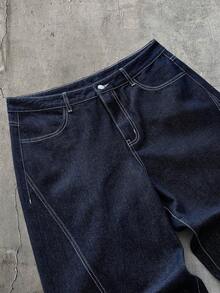 AXEPEAK Setelan Jaket Pria Lengan Panjang Berlipit dengan Kancing Depan dan Celana Jeans Longgar Berbahan Denim dengan Kancing Depan - Biru - View 7