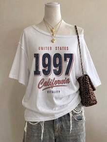 SHEIN EZwear 95%棉女款休閒露肩落肩短袖寬鬆T恤，女款夏季服飾，女款休閒穿搭，街頭風，適合日常通勤、約會、派對、秋冬、夏季、聖誕節、新年、感恩節、派對、婚禮、海灘、畢業、優雅、休閒、外出 - 白色 - 查看 5