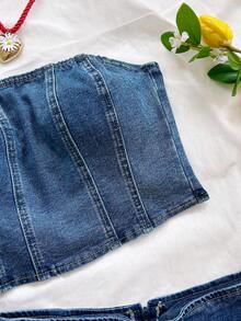 Soleia New Back To School Season Casual Vacation Western Beach Wedding Guest Outfit Graduation Brunch Women's Clothing St. Patrick's Day Spring Break Easter Music Festival Elegant Bohemian Tropical Elegant Metal Decor Tube Top Asymmetrical Skirt Blue Women's Denim Two Pieces Set - Blue - View 5