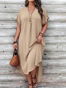 EMERY ROSE Plus Size Women Casual Solid Color Short Front Long Back Dress - Khaki - View 5