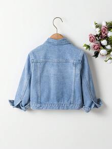 SHEIN Denimly 女孩時尚戶外百搭休閒學院風可愛花朵彩虹蝴蝶結字母愛心印花牛仔夾克外套，翻領水洗牛仔長袖 - 藍色 - 查看 2