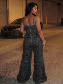 BriallanyX BriallanyX Jumpsuit Denim Wanita Super Longgar dengan Tali Bahu Tipis dan Kaki Lebar Ekstra Panjang - Dark Grey - View 3