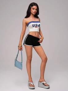 Nooralise Sexy Streetwear Y2K Hot Girl Sporty Colorblock Star Letter Print Bandeau Top Everyday Travel Day Party Blue And White Striped Summer - Multicolor - View 7