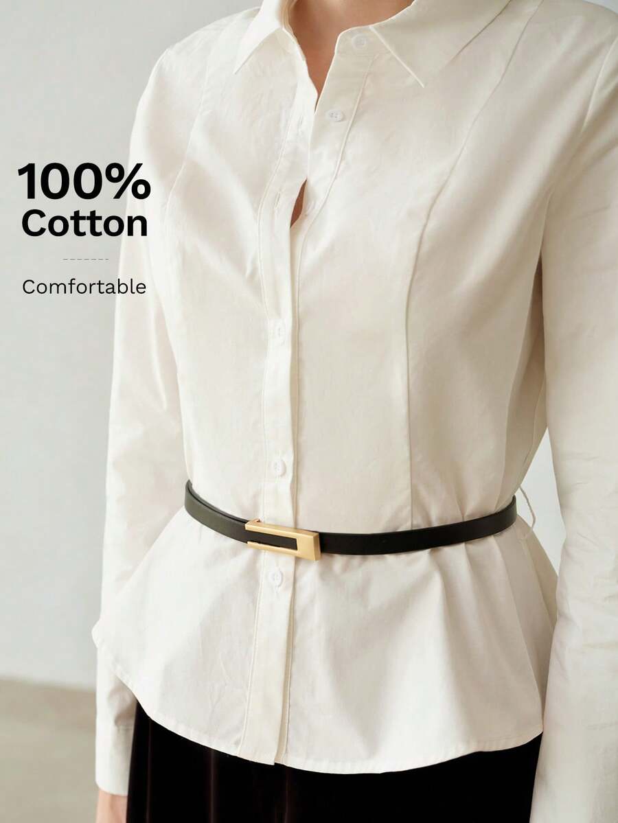 MOTF PREMIUM WOMEN'S FASHION DESIGN ELEGANT PURE COTTON SINGLE-BREASTED LONG SLEEVE BELT DECORATION SHIRT - White - View 2