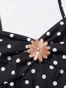 SHEIN 青少年女孩波點印花細肩帶金屬扣A字裙 - 黑與白 - 查看 5