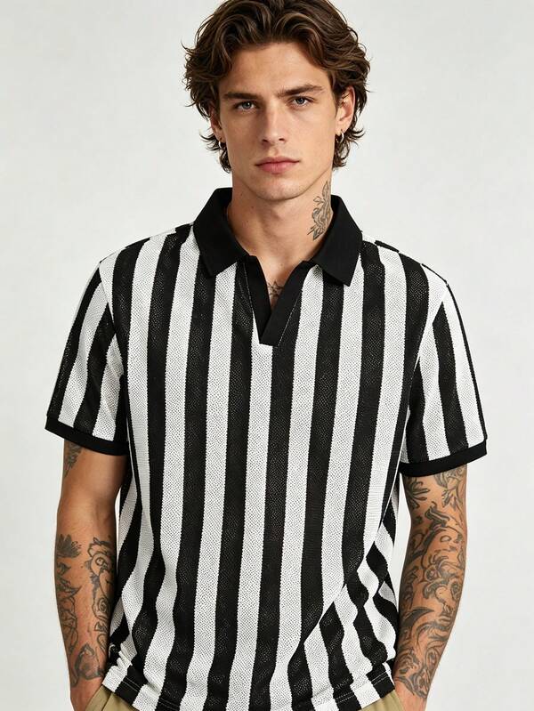 EGENSIO Men's Black And White Striped Short Sleeve Colorblock POLO Shirt
