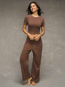 Esseday Women Lounge Sets Dasi Depan Plain - Chocolate Brown - View 2