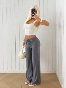 SHEIN EZwear 女款純色抽繩腰休閒百搭日常穿著長褲居家灰色秋季 - 深灰色 - 查看 7