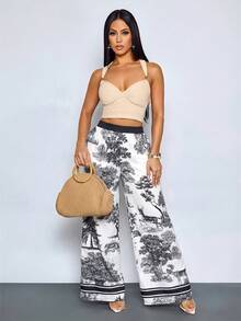 SOLERSUN Long Wide Leg White And Black Plants Pattern Boho Elegant Fabric Pants Vacation Autumn - Black - View 6