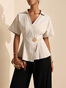 Elafinee Women's Spring/Summer Short Sleeve Blouse With Lapel V-Neck, Wrap Waist, Metal Buckle And Ruffle Hem - Khaki - View 1