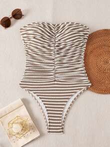 Swim Chiccia 女款純色抓皺抹胸連身泳衣，海灘夏季穿搭 - 彩色 - 查看 2