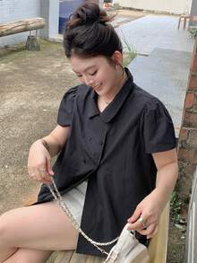 Dazy Plus 韓系時尚波點滿版印花 Polo 衫 短袖黑色大尺碼女款春夏 T-shirt - 藏蓝色 - 查看 5