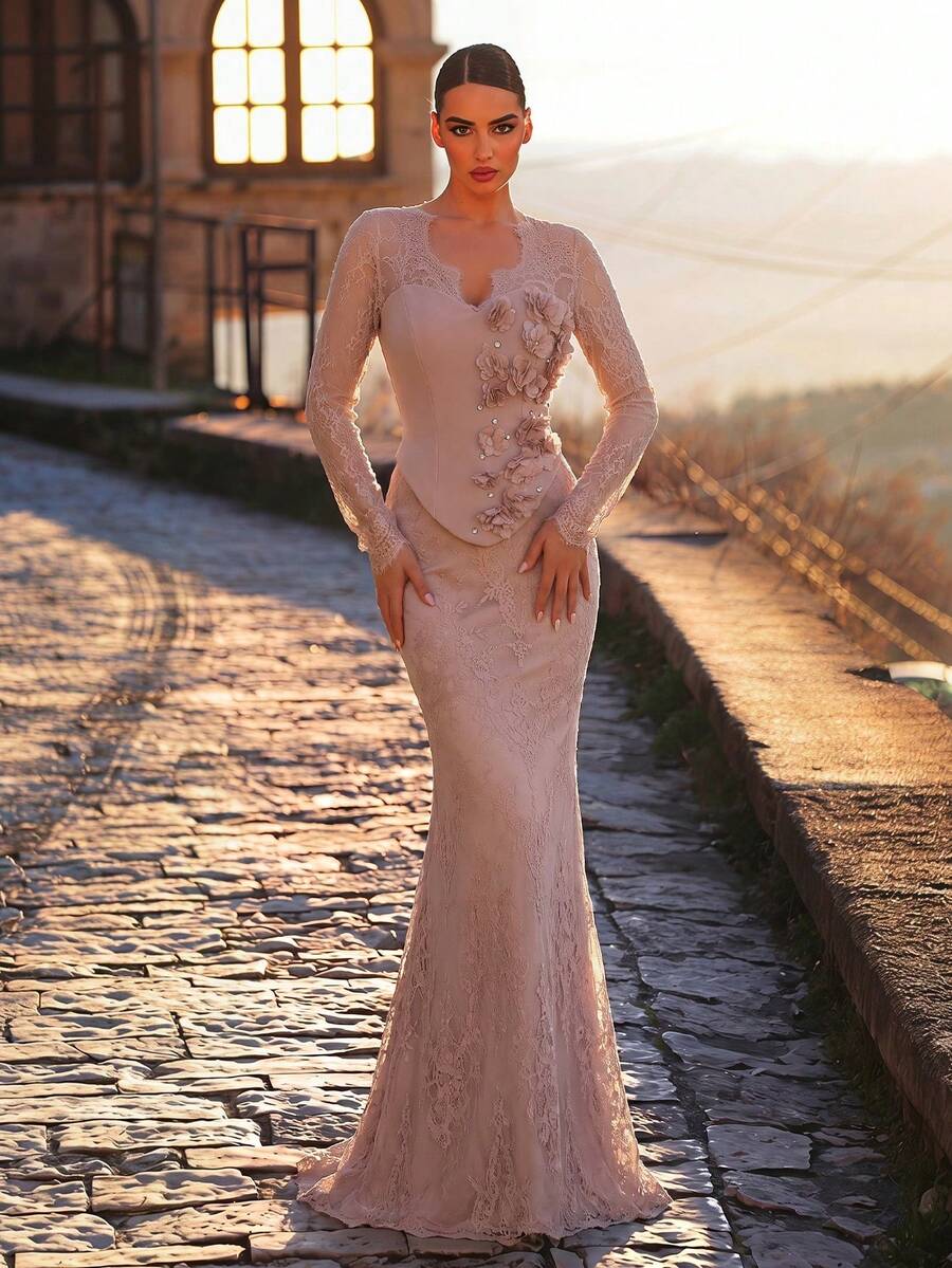 Aureia 優雅奢華深粉色蕾絲拼接針織，手工鑲鑽與3D花卉裝飾，V領長袖透視魚尾拖尾女款正式晚禮服 - 粉色 - 查看 1