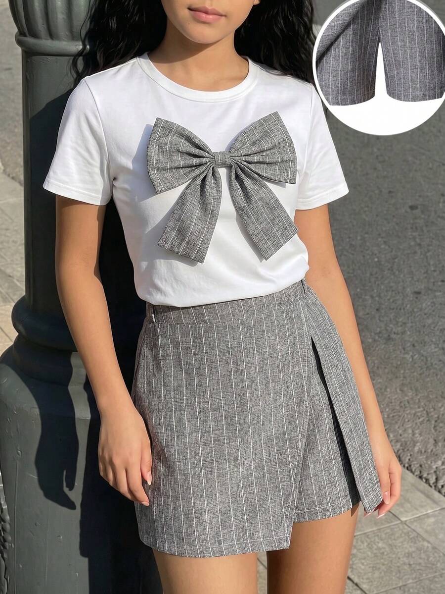 SHEIN 2件組 青少年女孩返校學院風 白色短袖蝴蝶結裝飾T恤與灰色條紋高腰下身 - 彩色 - 查看 1