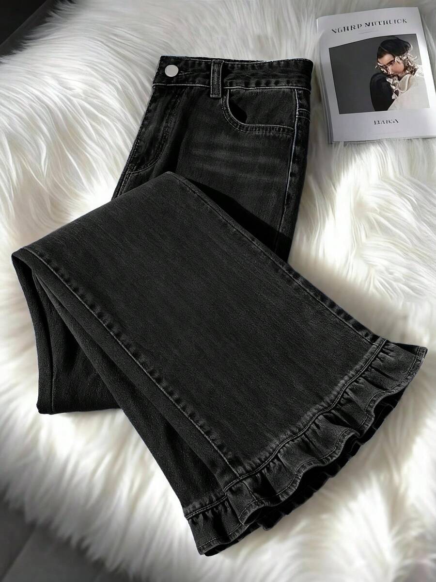 EMERY ROSE Plus Size Women's Casual Versatile Daily Wear Denim Jeans With Pockets And Buttons - Black - View 1