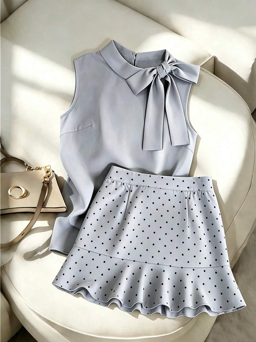 SHEIN Franclia 夏季优雅通勤纯色领结马甲和波点印花半裙两件套 - 灰色 - 查看 1