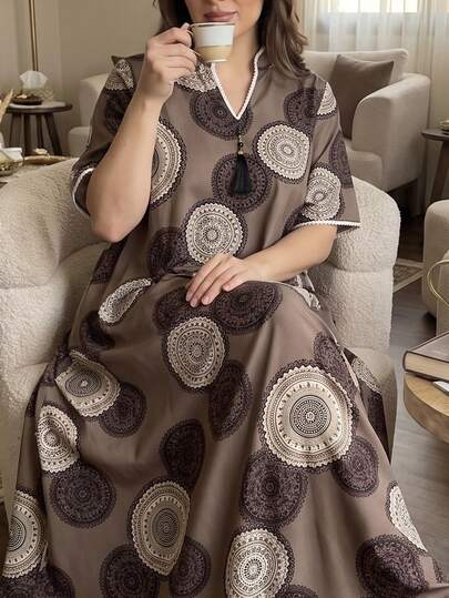 Al Najma Summer Brown Print Patchwork Lace Tassel Embellished Loose Fit Short Sleeve Arabic Women Plus Size Traditional Long Tunic