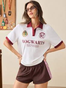 HARRY POTTER X SHEIN Women's Letter Print Casual Versatile Daily Short Sleeve T-Shirt - White - View 7