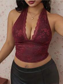 CovetEZ Spring/Summer New Burgundy Lace Sexy Minimalist Sexy Spaghetti Strap V-Neck Plus Size Camisole Cruise - Burgundy - View 1