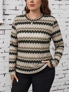 SHEIN LUNE Plus Size Casual Striped Long Sleeve T-Shirt, Summer Bussines Workwear Olive Green Fall - Multicolor - View 5