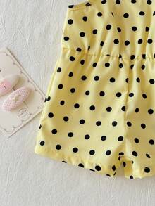 SHEIN 新生女嬰可愛夏季休閒波點圖案細肩帶連身褲 - 芥末黃 - 查看 6