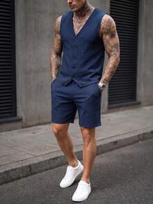 Manfinity CasualCool 男士背心套裝，直條紋紋理，夏季薄款純色休閒背心與短褲套裝 - 藏蓝色 - 查看 3