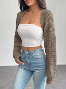 SHEIN PETITE 女款休閒百搭純色短版開襟羊毛衫 - 駝色 - 查看 6