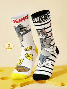TOM & JERRY X SHEIN 2雙貓咪與老鼠圖案筒襪 - 彩色 - 查看 6