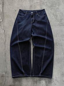 AXEPEAK Setelan Jaket Pria Lengan Panjang Berlipit dengan Kancing Depan dan Celana Jeans Longgar Berbahan Denim dengan Kancing Depan - Biru - View 6