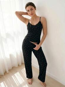 Liftille Conjunto de pijama de camiseta de tirantes y pantalones cortos con estampado de corazón tejido para mujer, sexy y apto para uso exterior, para todas las estaciones - Negro - Ver 6