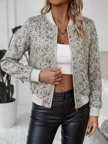 SHEIN LUNE Vintage Printed Baseball Collar Zipper Ribbed Hem Short Flight Jacket - Apricot - View 5