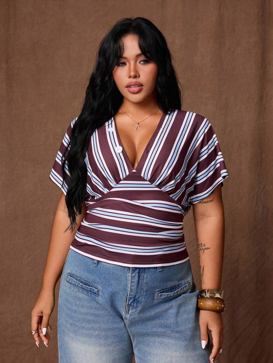 Rustia Plus Size Women's Casual One Shoulder Top With Shell Buttons, Spring/Summer - Brown - View 1