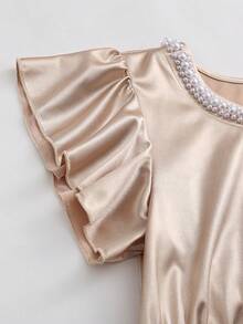Balvessa Women's French Neckline Pearl Satin Champagne Dress, Ruffled Cuffs, Polka Dot Print, Slim Design . - Champagne - View 5