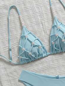 Swim Mod 女款手工串珠三角比基尼泳衣套裝，老錢風，性感海灘度假泳池派對泳裝，純色，春夏，百搭 - 淺藍色 - 查看 4