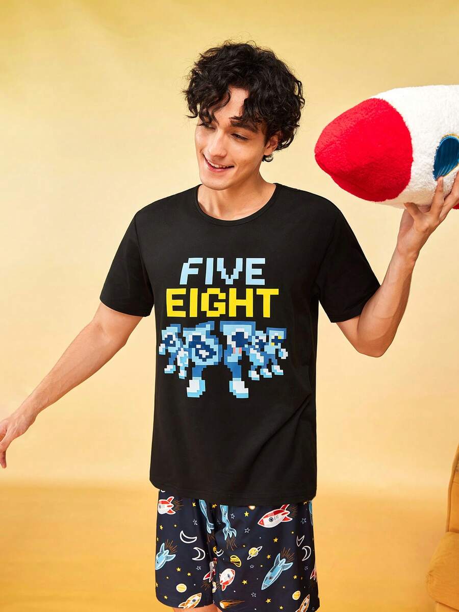 Provexi Provexi Men's Space Style Home & Casual Crew Neck Set - Black - View 1