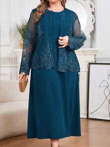 Modelyn 大尺碼女款花卉刺繡網紗長袖開襟上衣與洋裝優雅兩件套 - 藍色 - 查看 7