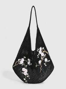 ROMWE Kawaii 1件時尚針織單肩包，黑色鏤空梅花刺繡單肩包，適合日常穿搭 - 黑粉色 - 查看 9