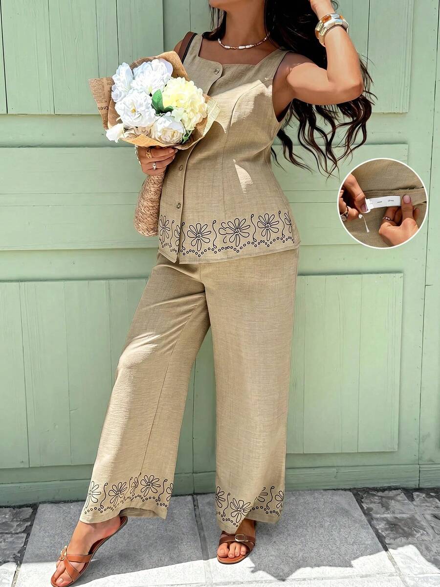 SHEIN 孕婦裝兩件套 白色夏季婚禮正式賓客度假杏色花卉印花方領無袖上衣與長褲 2件裝 常規版 - 杏色 - 查看 1