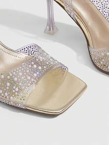 CUCCOO SZL Sandalias de tacón alto con tiras traseras y punta abierta con strass transparente para mujer - Dorado - Ver 5