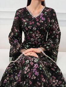 Al Najma 女款度假時尚刺繡花卉印花阿拉伯傳統長裙 - 彩色 - 查看 6