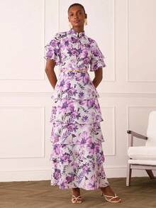 Lilora Women's Elegant Casual Celestial Romantic Floral Ruffle Dress Wedding Party Garden Tea Party Day Purple And White Summer - Purple - View 7
