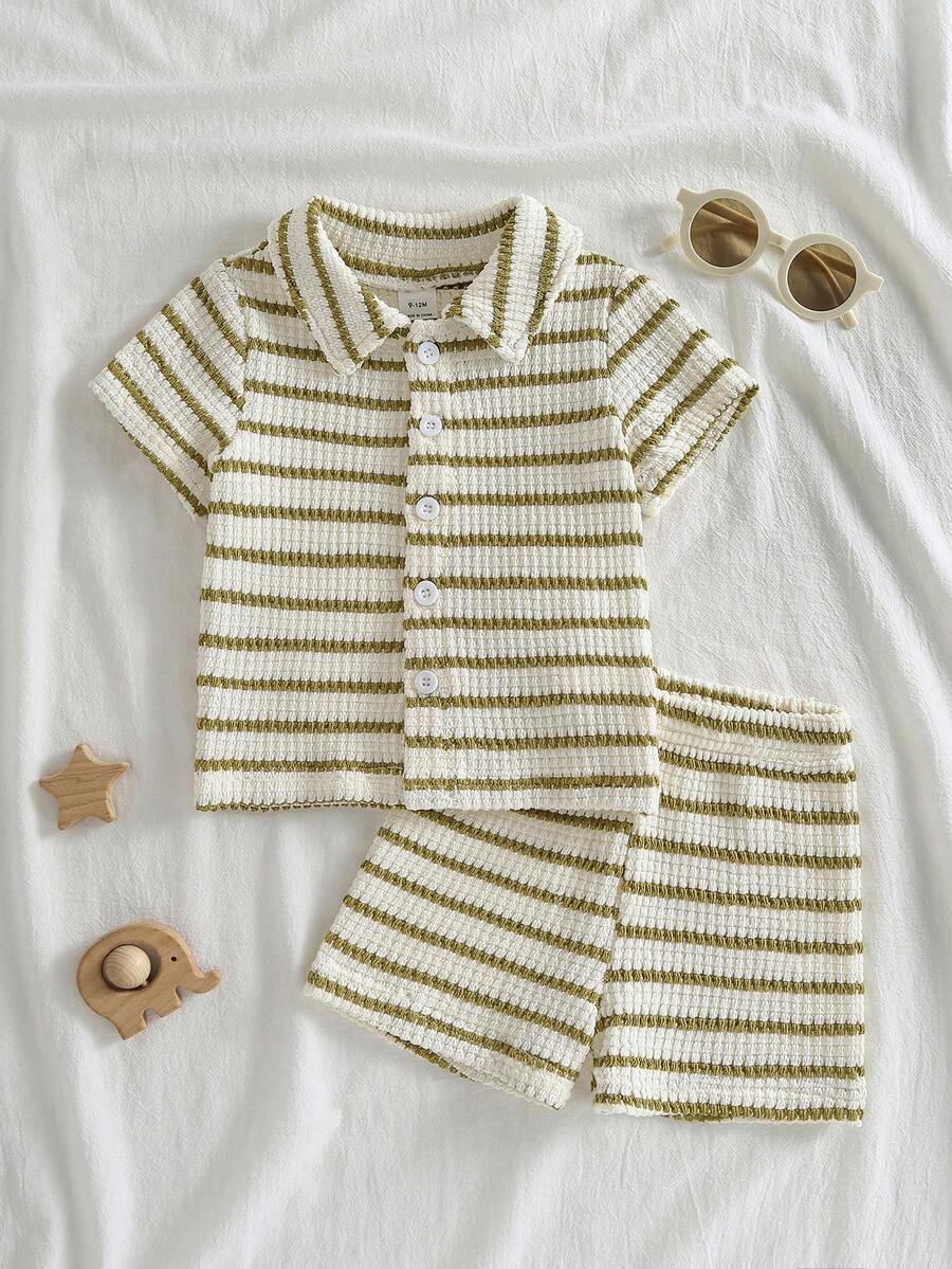 SHEIN Vintaside Kids 嬰兒中性套裝 紋理短袖上衣與短褲套裝 夏季休閒沙灘穿著 - 彩色 - 查看 1