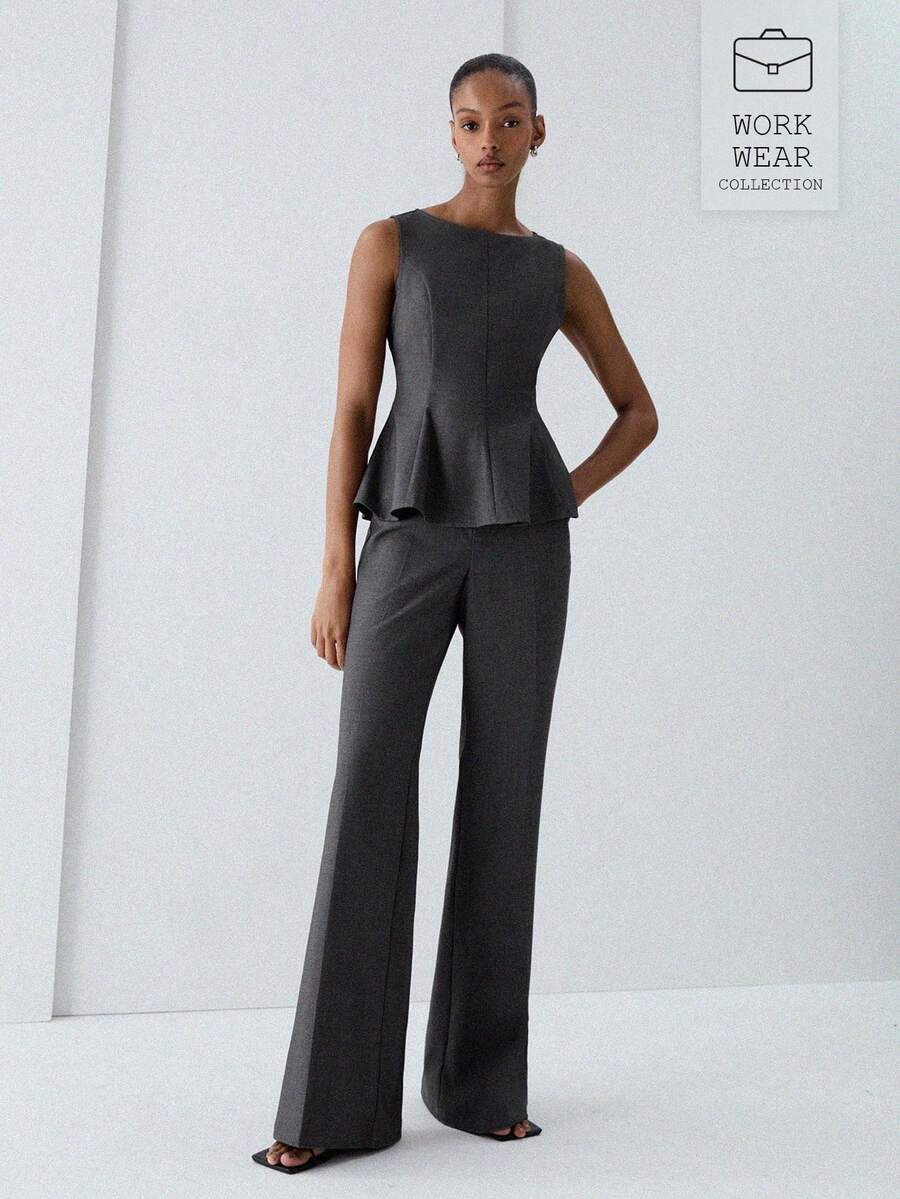 ATUI Studio Women's Sleeveless Ruffle Hem Top Flare Pants Set Two Pieces Casual Summer Outfit, Elegant For Beach Business Office, Party Teachers' Day Charcoal Gray - Grey - View 1